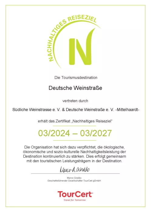 Zertifikat Nachhaltiges Reiseziel Deutsche Weinstraße 2024-2027