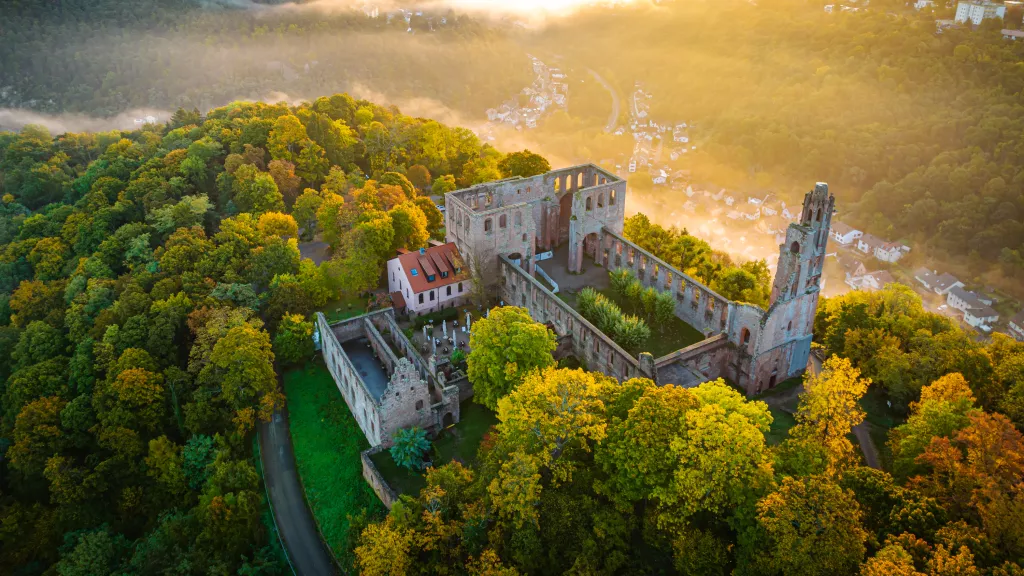 Blick auf die Klosterruine Limburg im Pfälzerwald