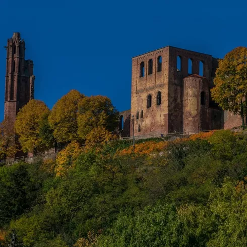 Blick auf die Klosterruine Limburg im Herbst